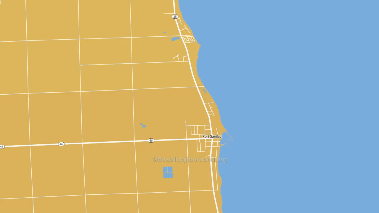 Map of the best neighborhoods in the 48469 area, with better matches in green and worse matches in red
