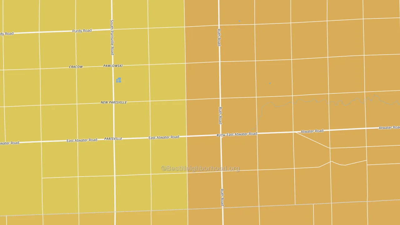 Map of the best neighborhoods in the 48470 area, with better matches in green and worse matches in red