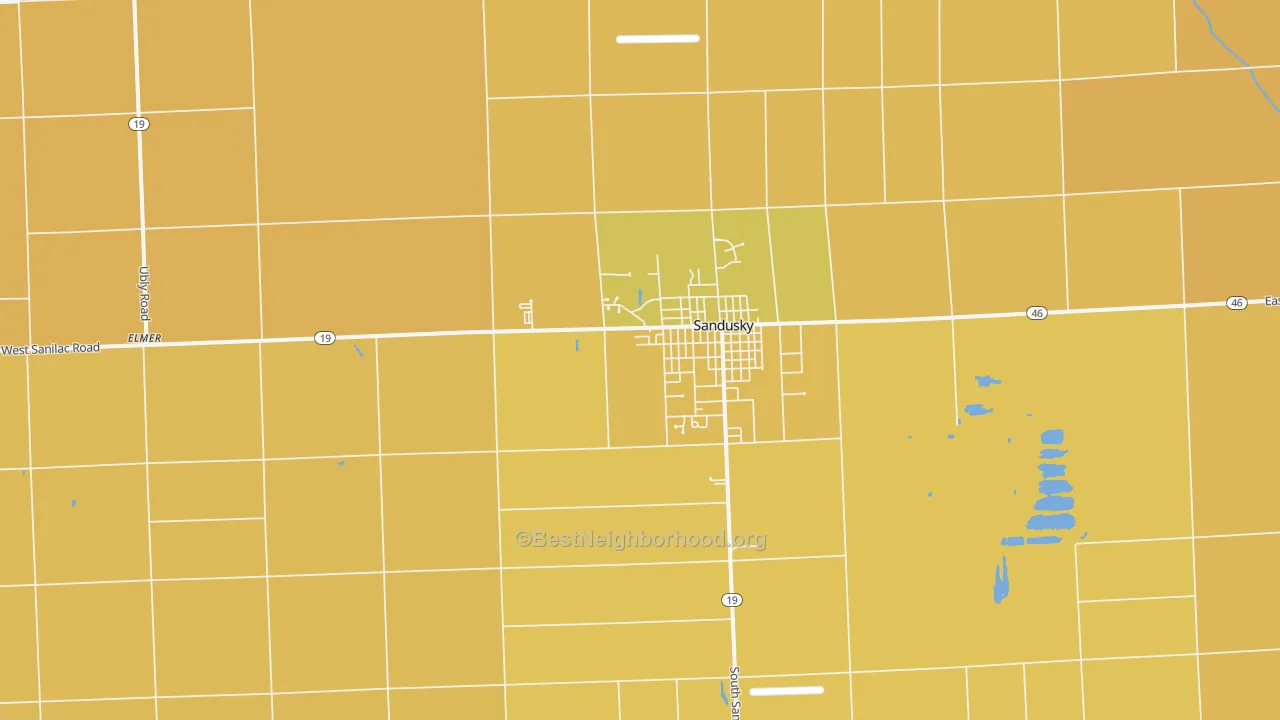 Map of the best neighborhoods in the 48471 area, with better matches in green and worse matches in red
