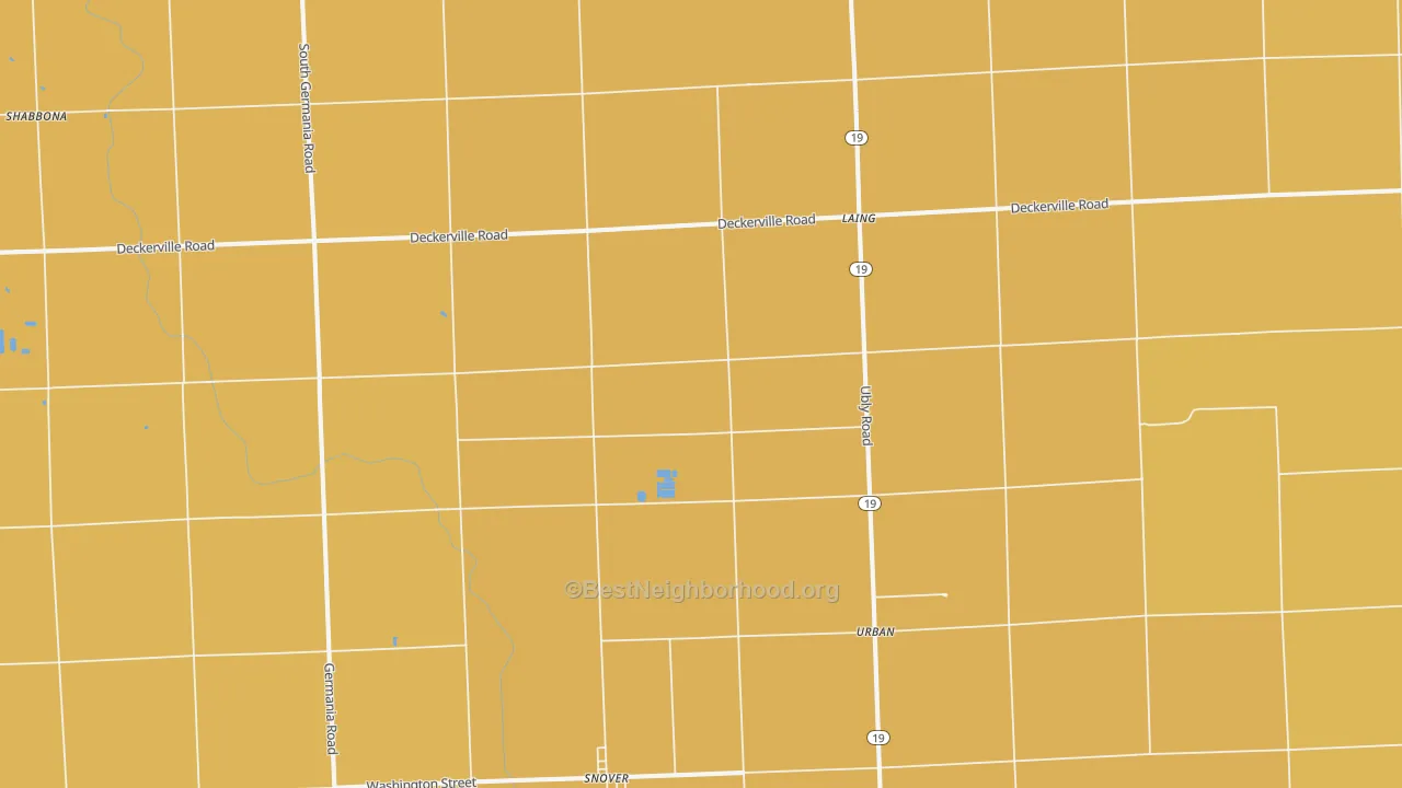 Map of the best neighborhoods in the 48472 area, with better matches in green and worse matches in red