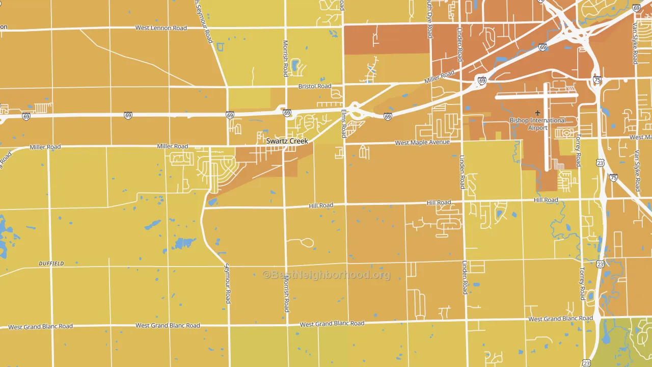 Map of the best neighborhoods in the 48473 area, with better matches in green and worse matches in red