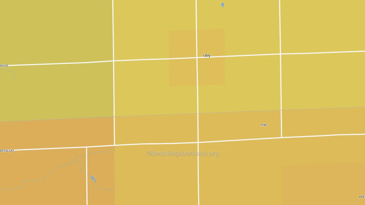 Map of the best neighborhoods in the 48475 area, with better matches in green and worse matches in red