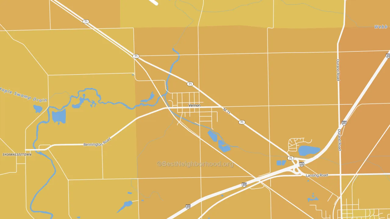 Map of the best neighborhoods in the 48476 area, with better matches in green and worse matches in red