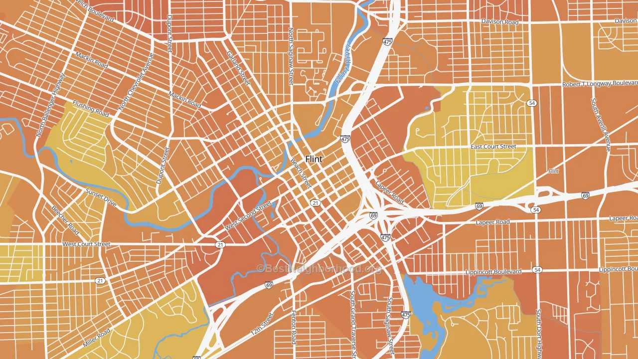 Map of the best neighborhoods in the 48502 area, with better matches in green and worse matches in red