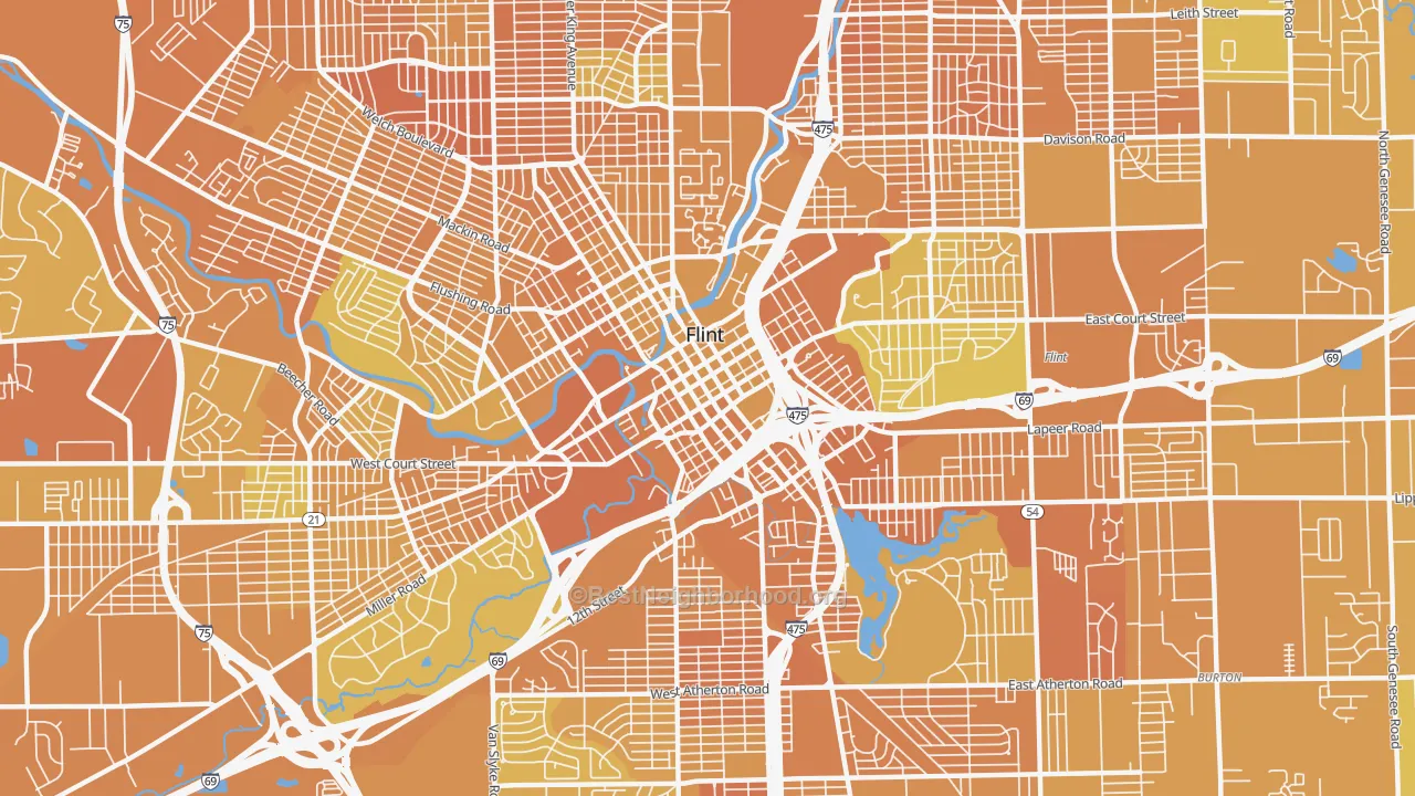 Map of the best neighborhoods in the 48503 area, with better matches in green and worse matches in red