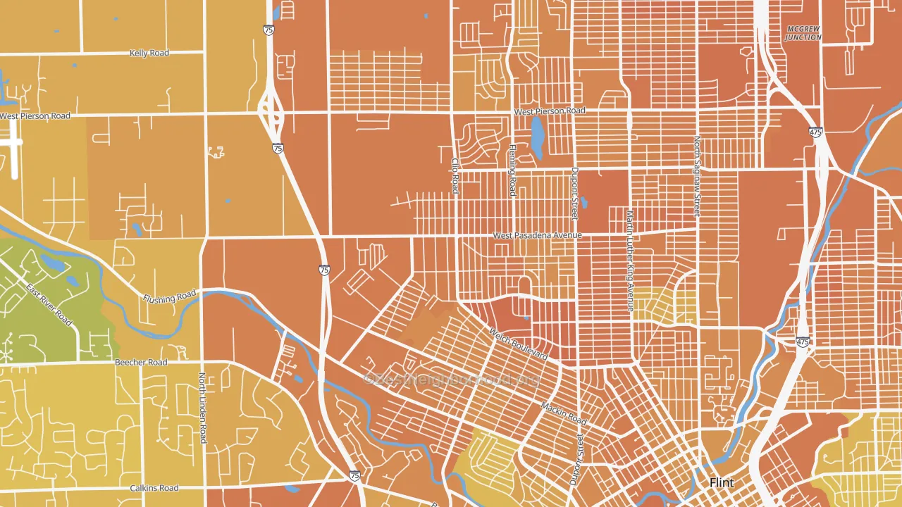 Map of the best neighborhoods in the 48504 area, with better matches in green and worse matches in red