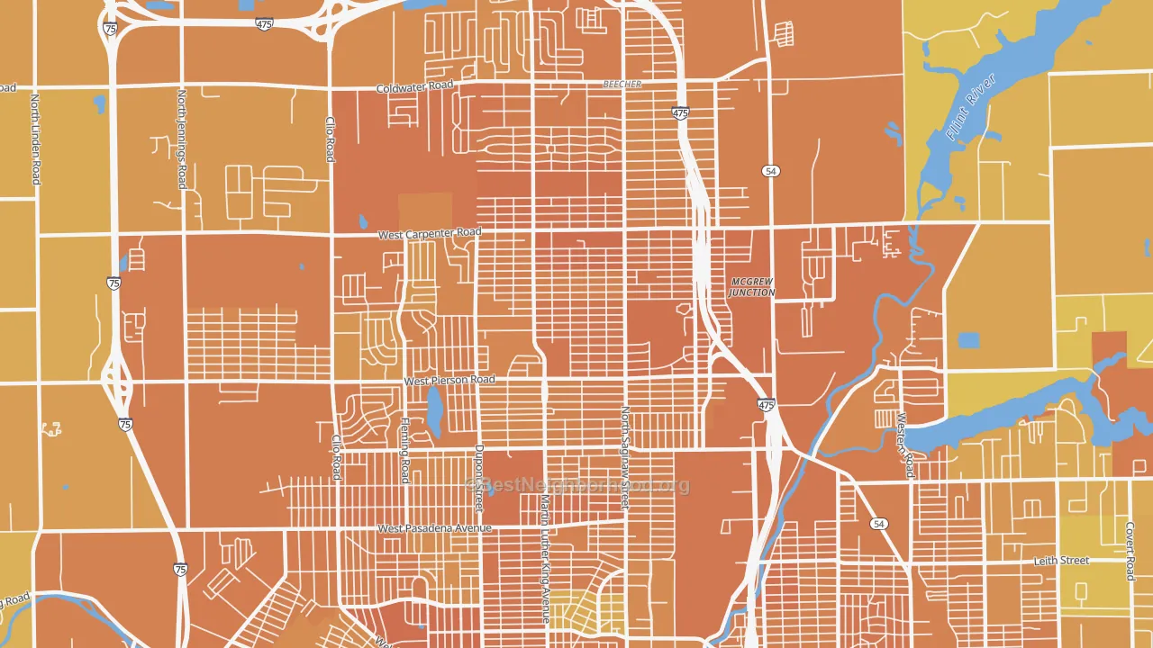 Map of the best neighborhoods in the 48505 area, with better matches in green and worse matches in red