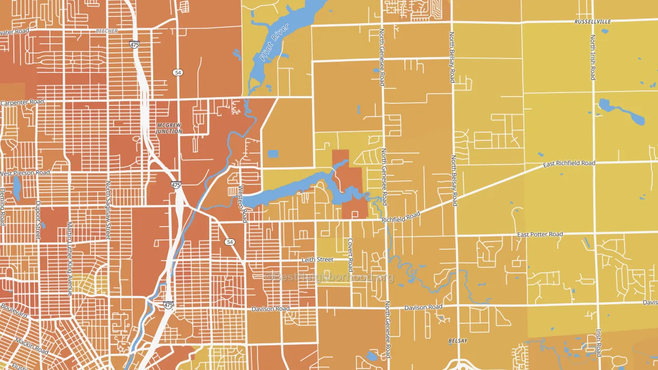 Map of the best neighborhoods in the 48506 area, with better matches in green and worse matches in red