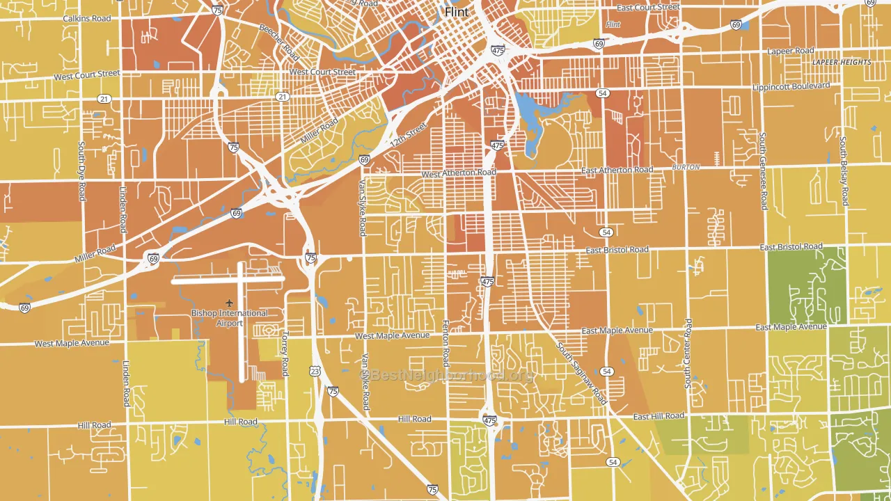 Map of the best neighborhoods in the 48507 area, with better matches in green and worse matches in red
