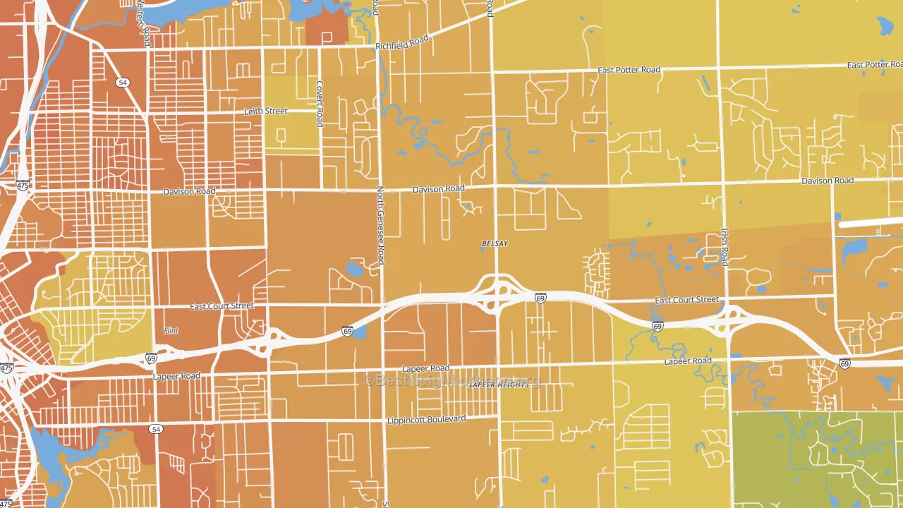 Map of the best neighborhoods in the 48509 area, with better matches in green and worse matches in red
