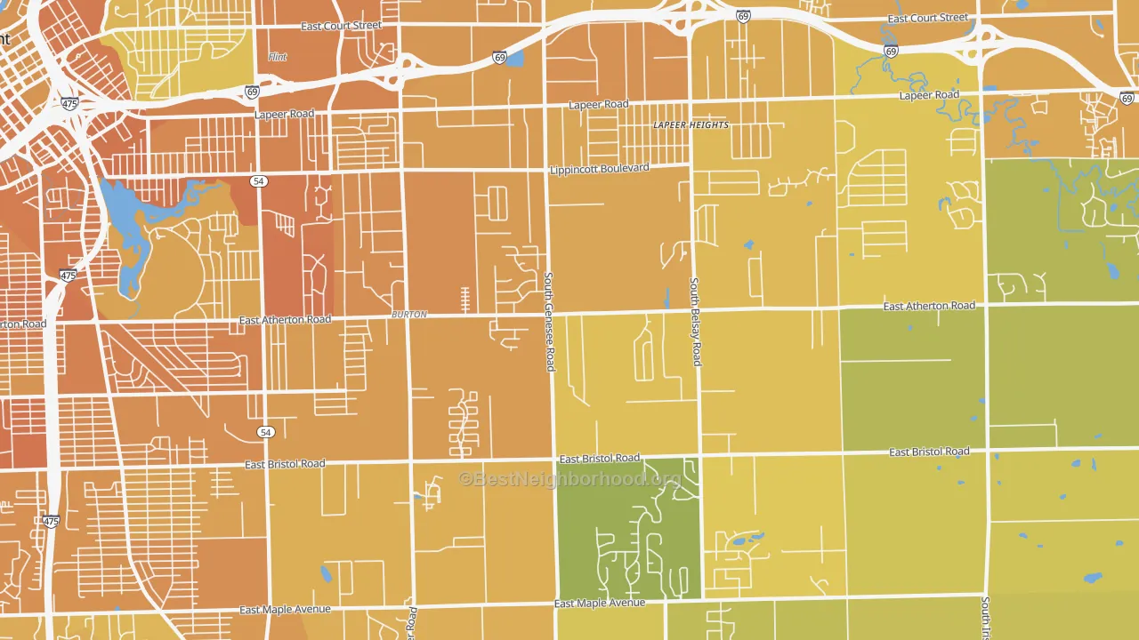 Map of the best neighborhoods in the 48519 area, with better matches in green and worse matches in red