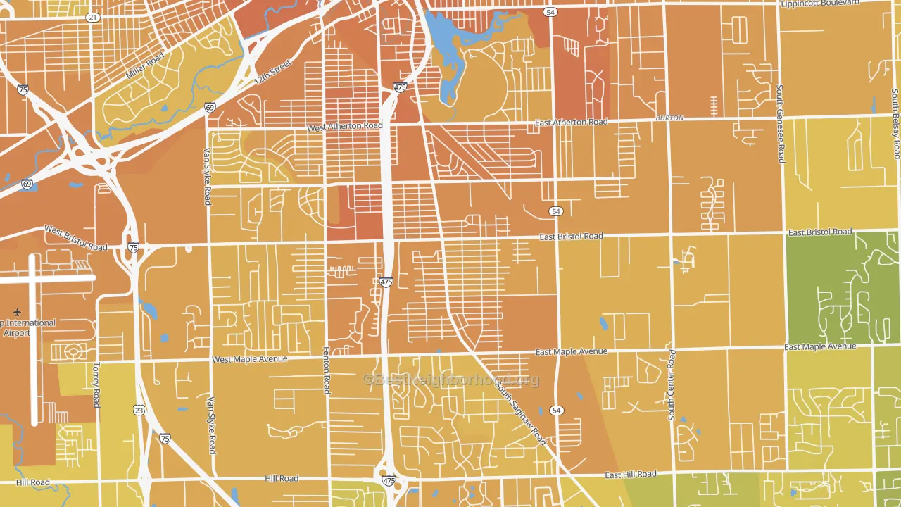 Map of the best neighborhoods in the 48529 area, with better matches in green and worse matches in red