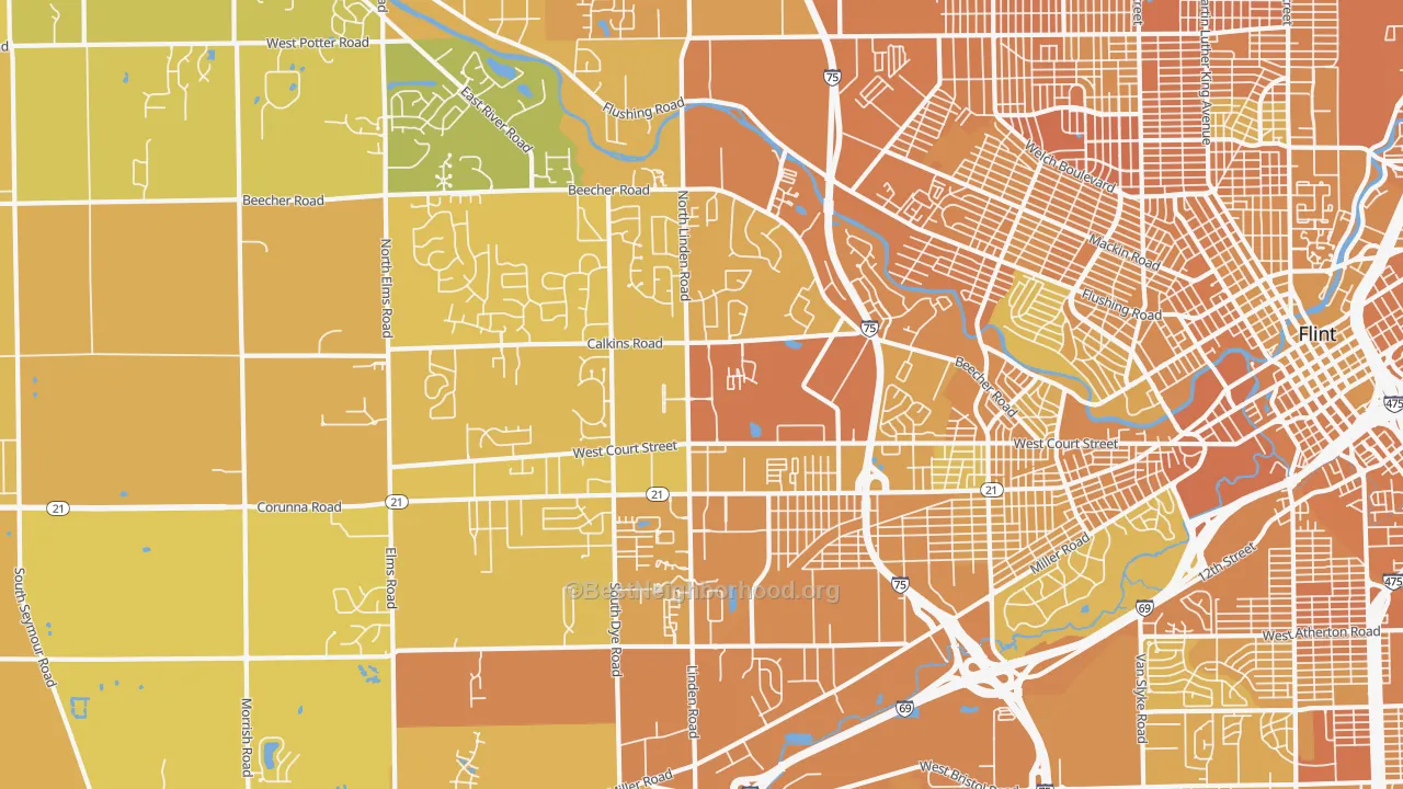 Map of the best neighborhoods in the 48532 area, with better matches in green and worse matches in red