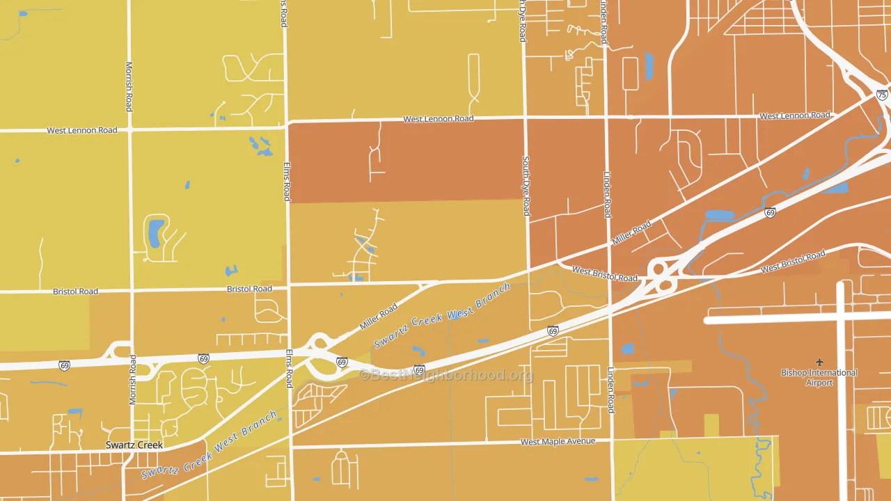 Map of the best neighborhoods in the 48554 area, with better matches in green and worse matches in red