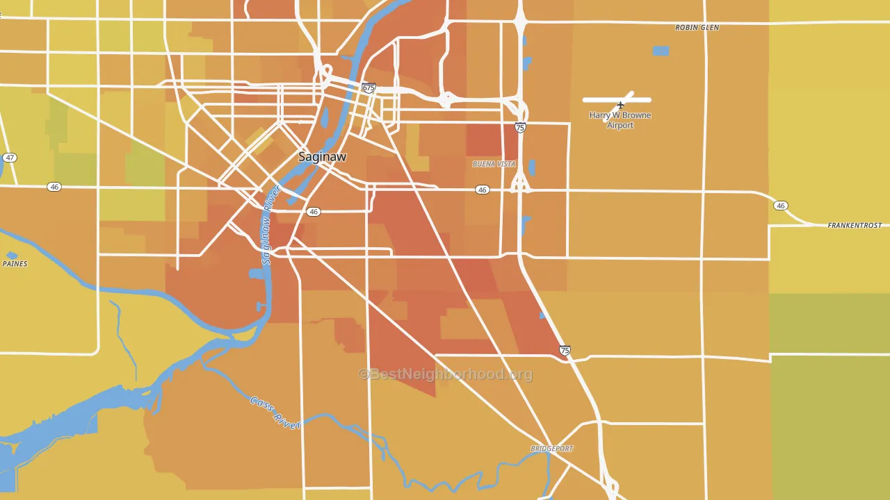 Map of the best neighborhoods in the 48601 area, with better matches in green and worse matches in red