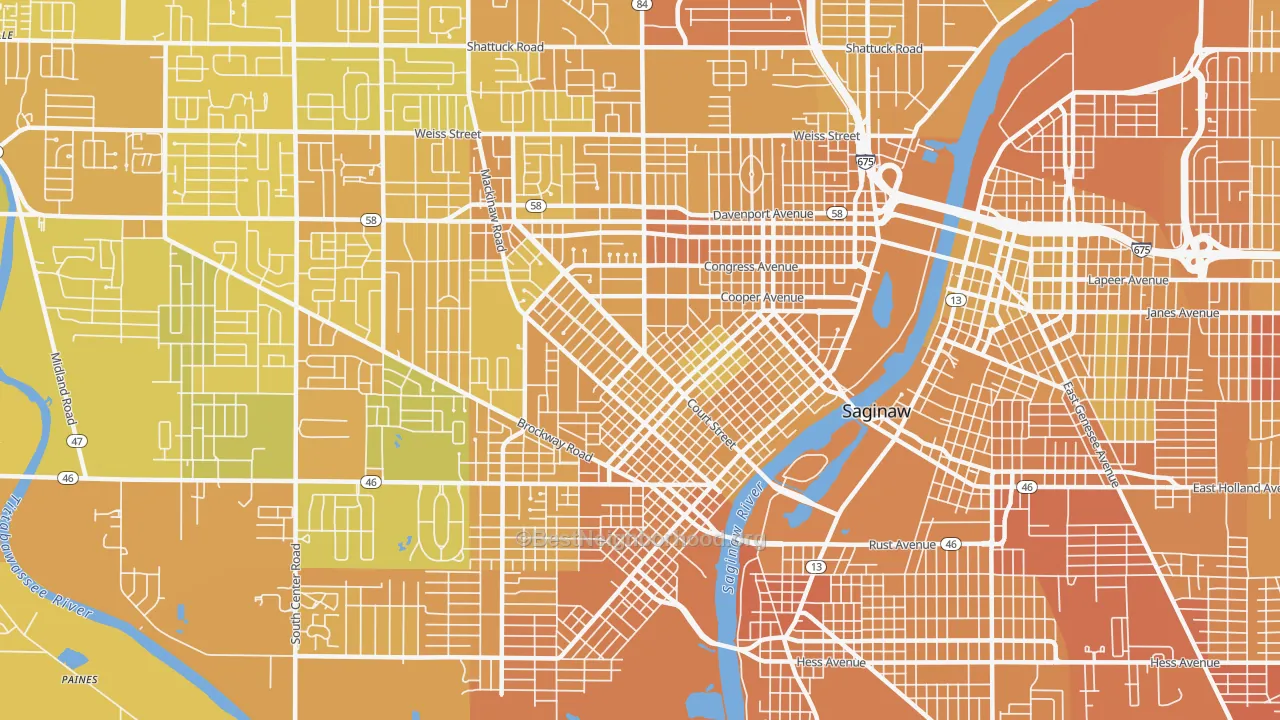 Map of the best neighborhoods in the 48602 area, with better matches in green and worse matches in red