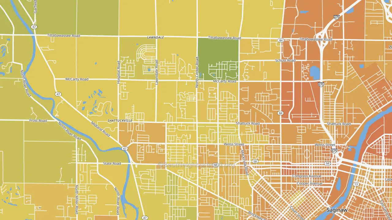 Map of the best neighborhoods in the 48603 area, with better matches in green and worse matches in red