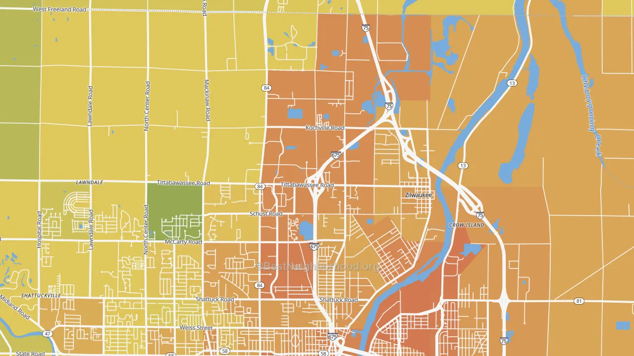Map of the best neighborhoods in the 48604 area, with better matches in green and worse matches in red