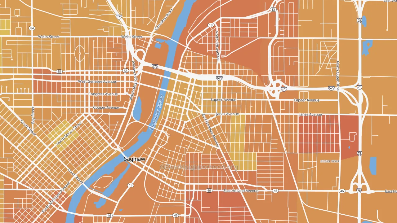 Map of the best neighborhoods in the 48607 area, with better matches in green and worse matches in red