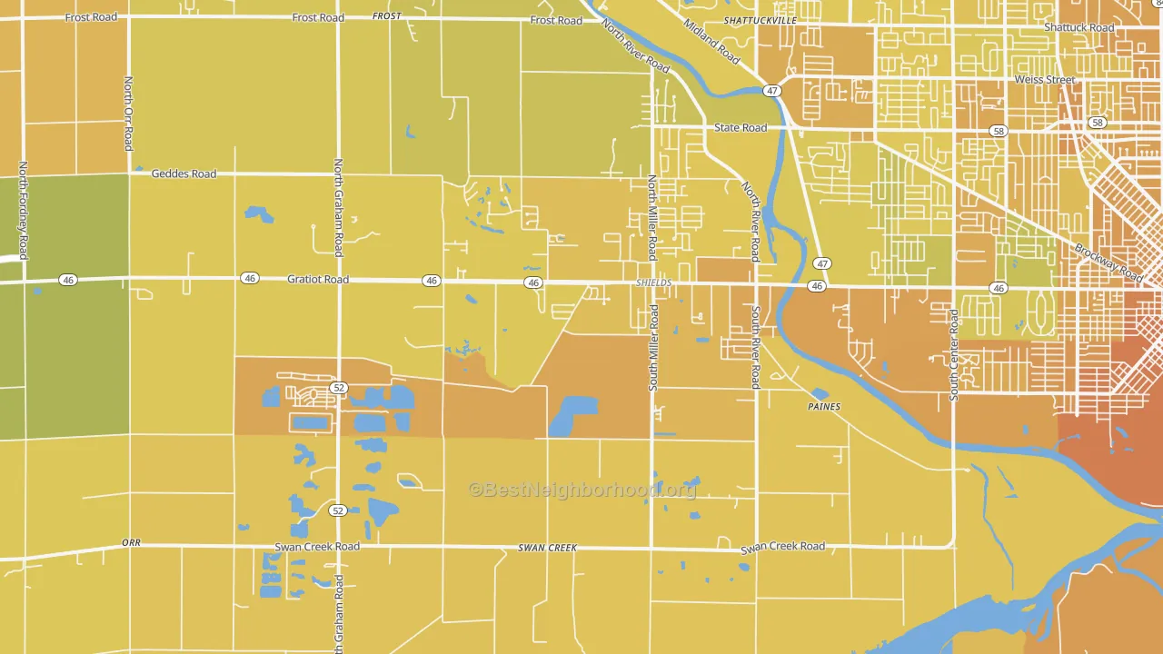 Map of the best neighborhoods in the 48609 area, with better matches in green and worse matches in red