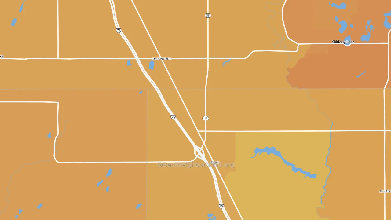 Map of the best neighborhoods in the 48610 area, with better matches in green and worse matches in red
