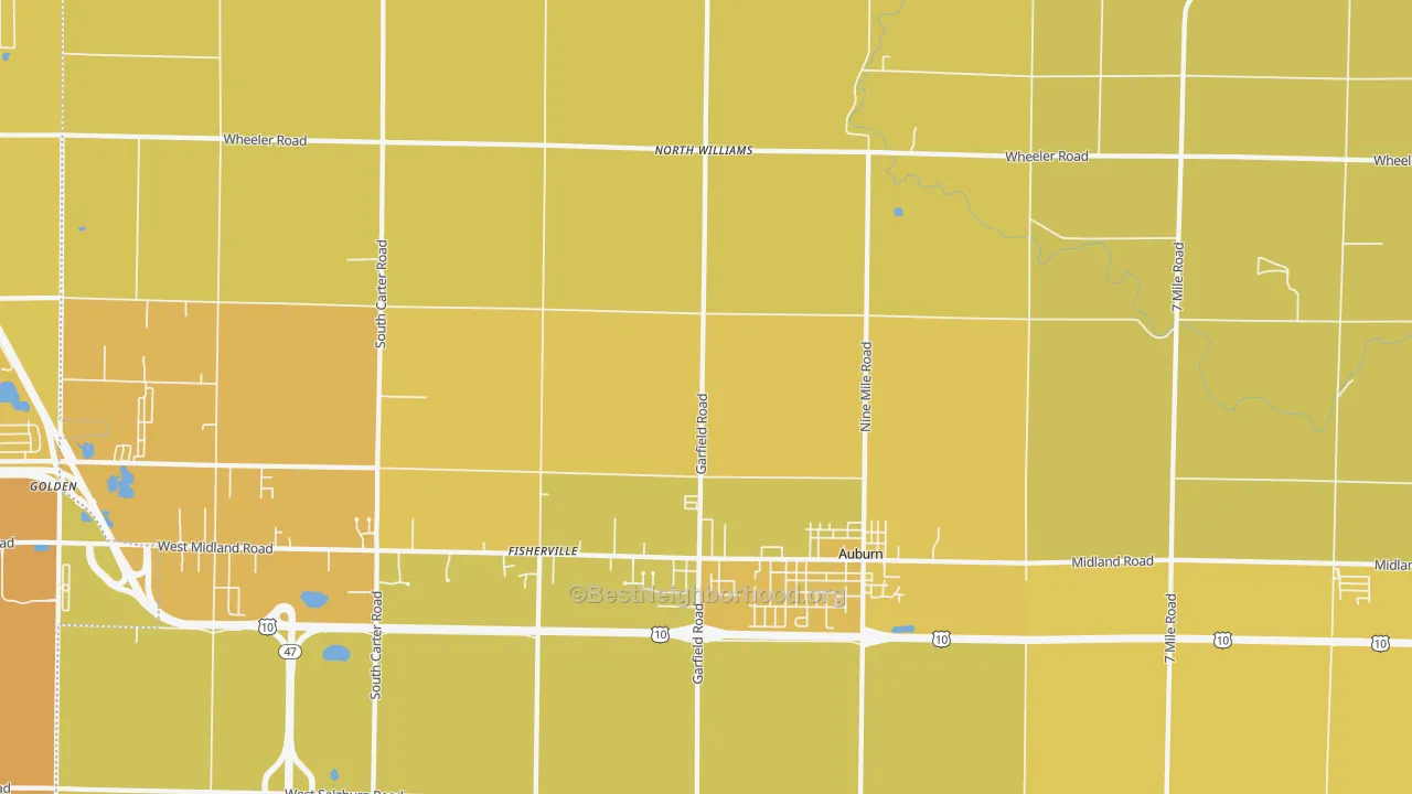 Map of the best neighborhoods in the 48611 area, with better matches in green and worse matches in red