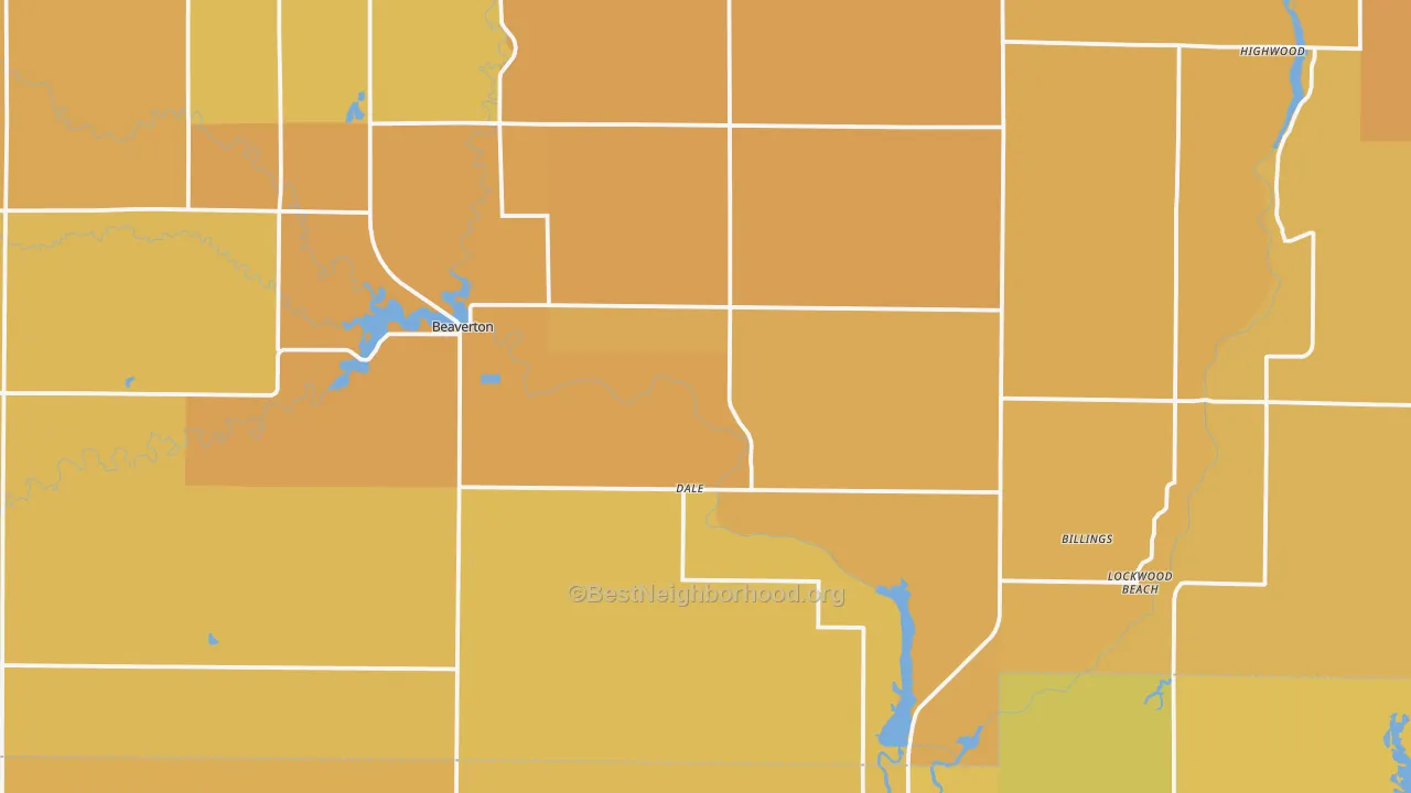 Map of the best neighborhoods in the 48612 area, with better matches in green and worse matches in red