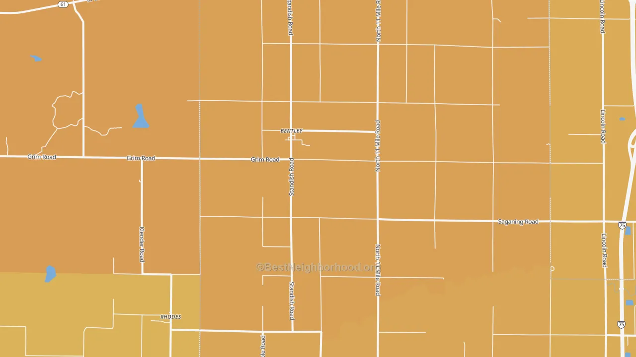 Map of the best neighborhoods in the 48613 area, with better matches in green and worse matches in red