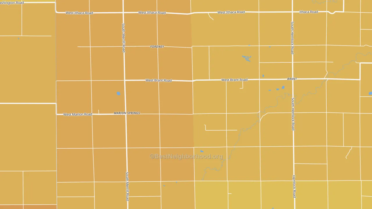 Map of the best neighborhoods in the 48614 area, with better matches in green and worse matches in red