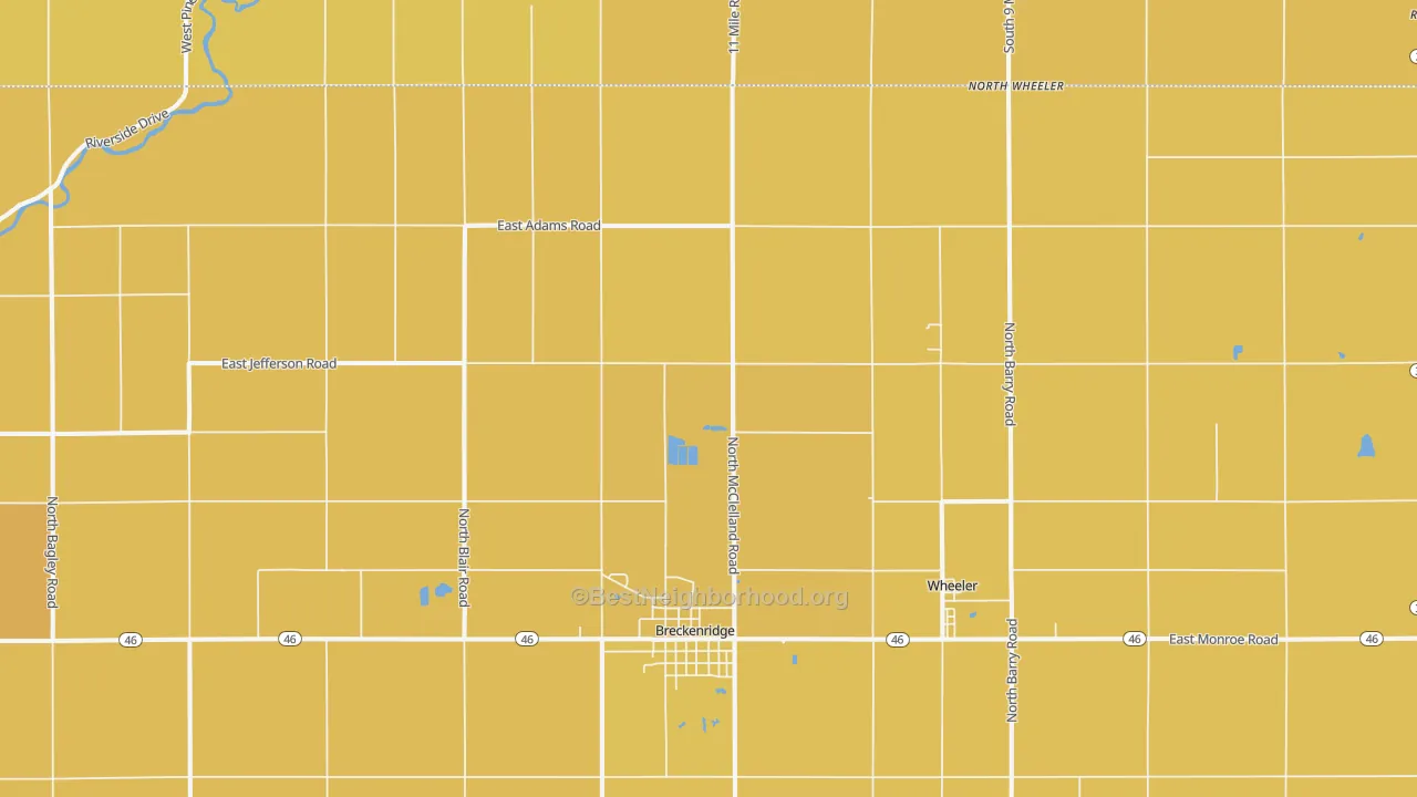Map of the best neighborhoods in the 48615 area, with better matches in green and worse matches in red