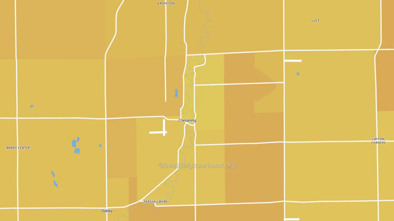 Map of the best neighborhoods in the 48616 area, with better matches in green and worse matches in red