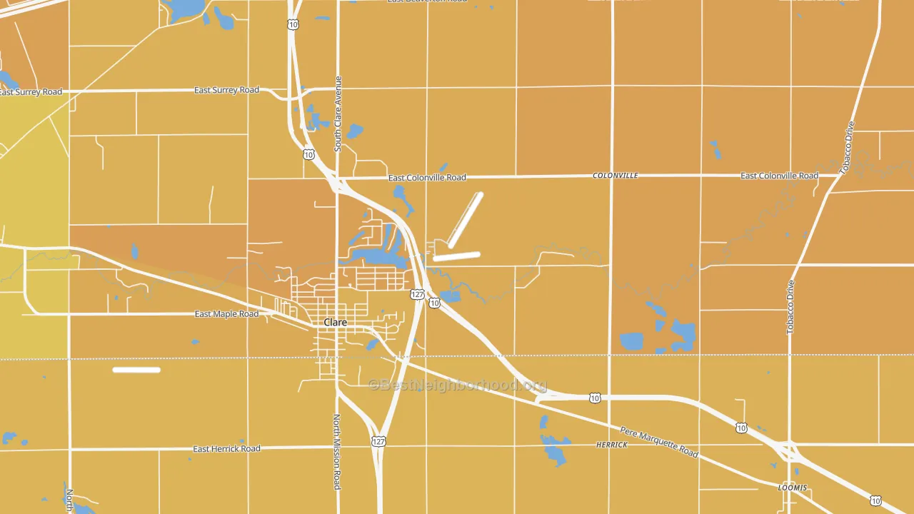 Map of the best neighborhoods in the 48617 area, with better matches in green and worse matches in red