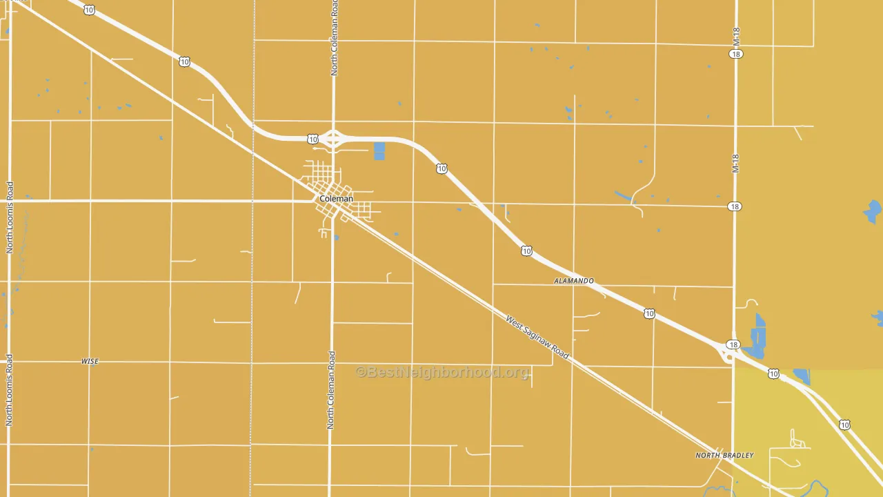 Map of the best neighborhoods in the 48618 area, with better matches in green and worse matches in red