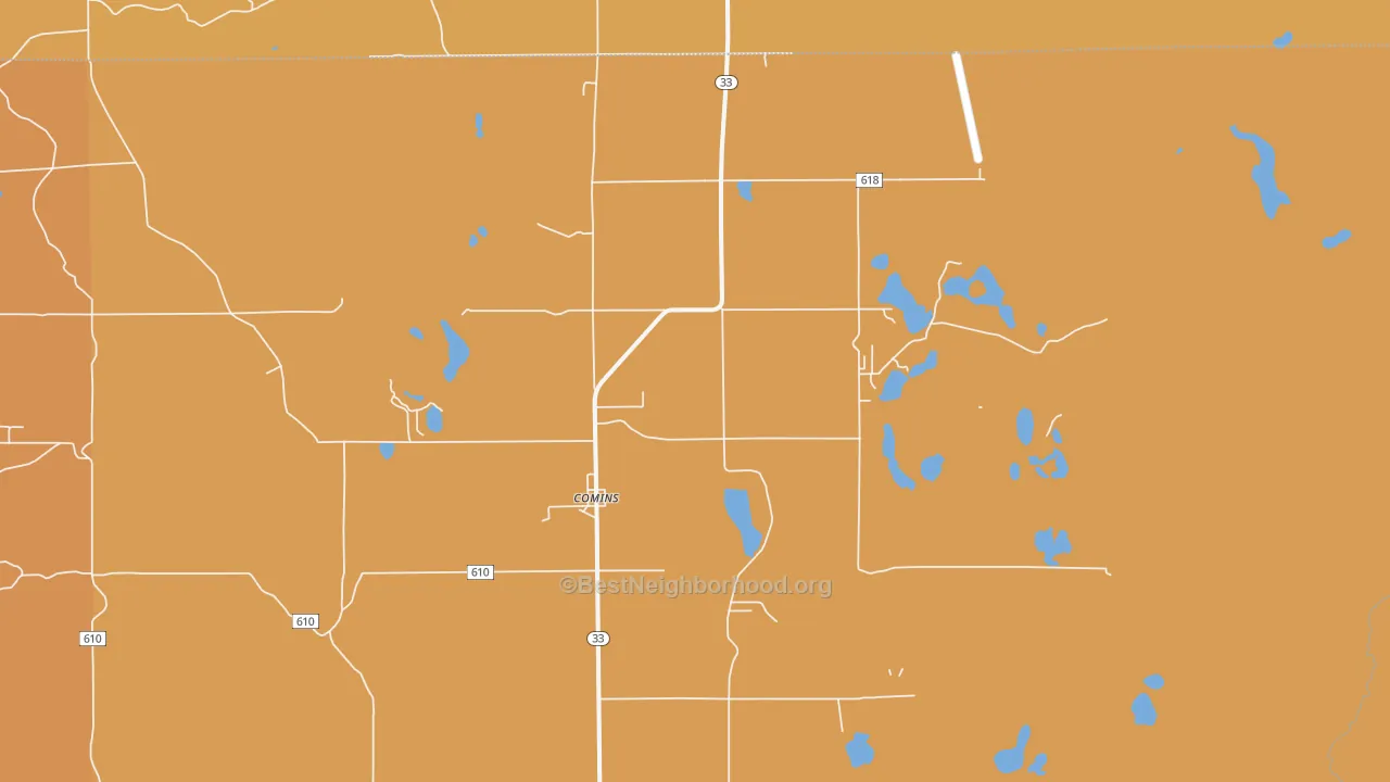 Map of the best neighborhoods in the 48619 area, with better matches in green and worse matches in red