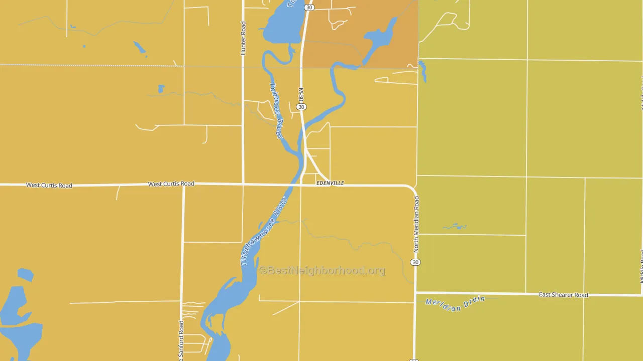 Map of the best neighborhoods in the 48620 area, with better matches in green and worse matches in red