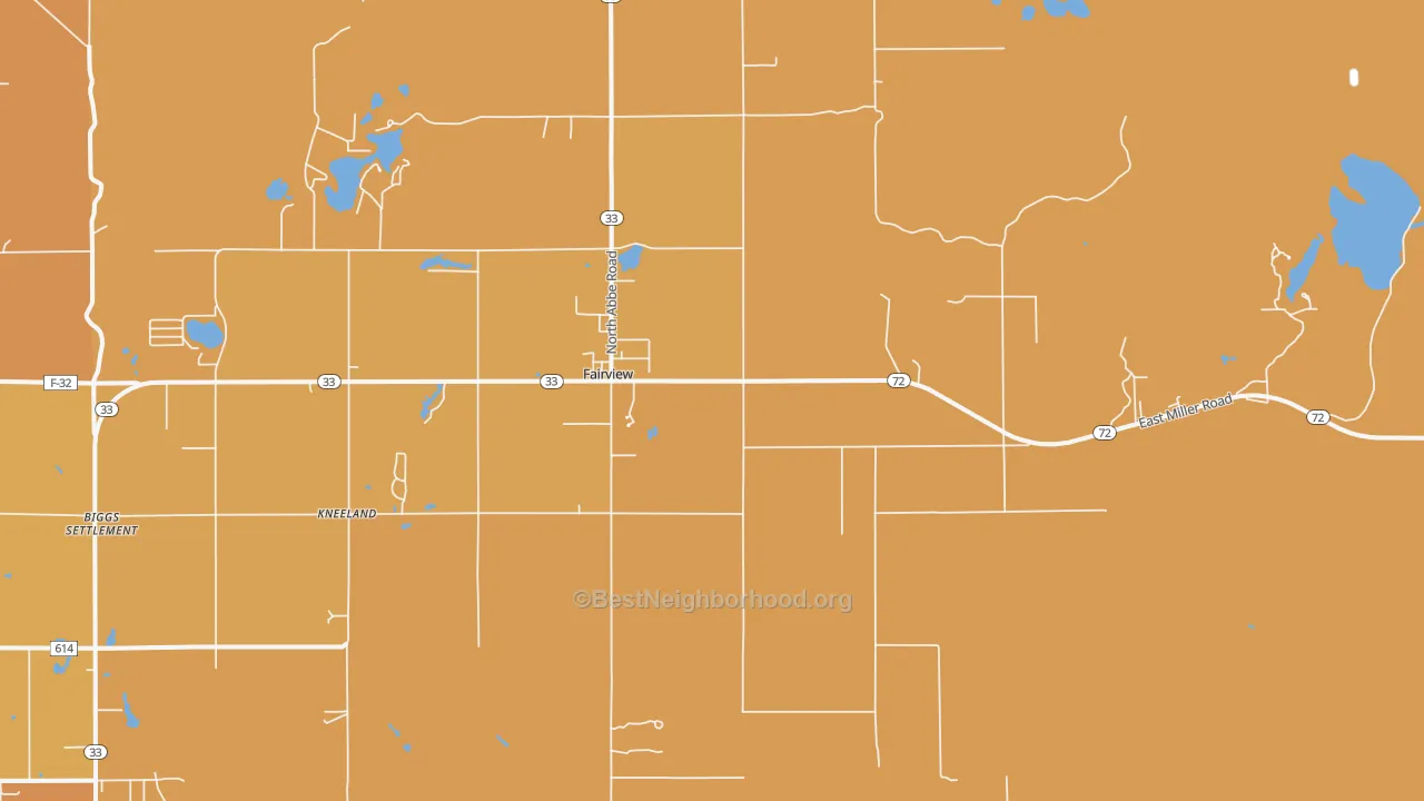Map of the best neighborhoods in the 48621 area, with better matches in green and worse matches in red