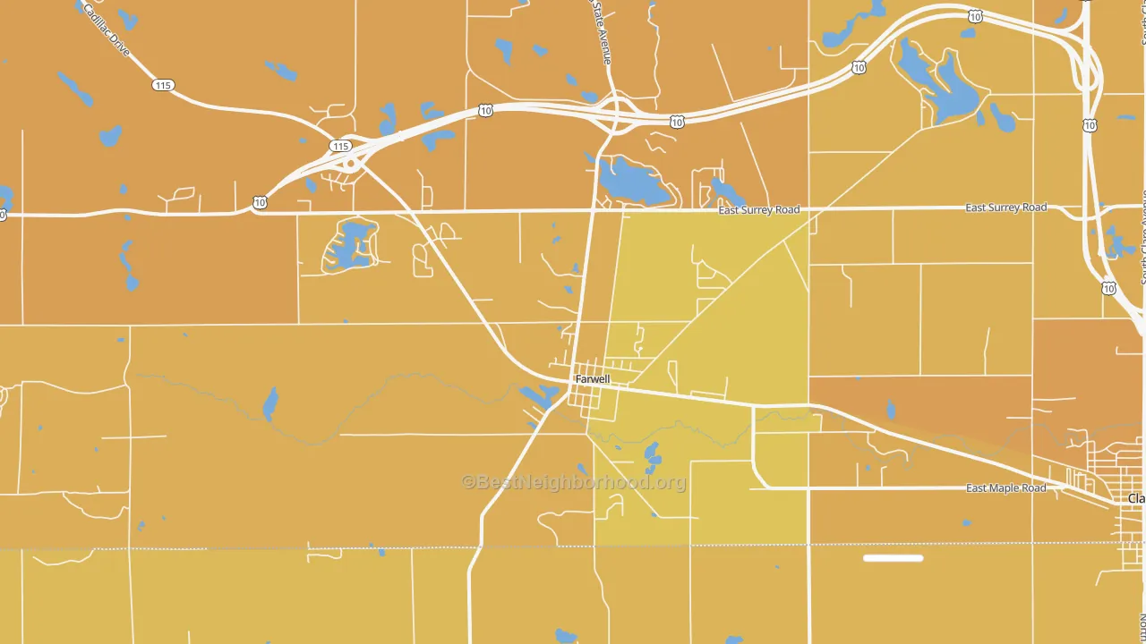 Map of the best neighborhoods in the 48622 area, with better matches in green and worse matches in red