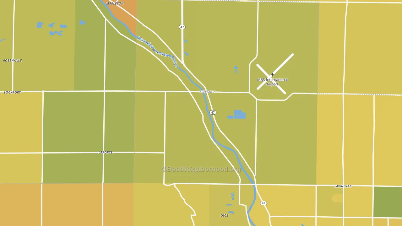 Map of the best neighborhoods in the 48623 area, with better matches in green and worse matches in red