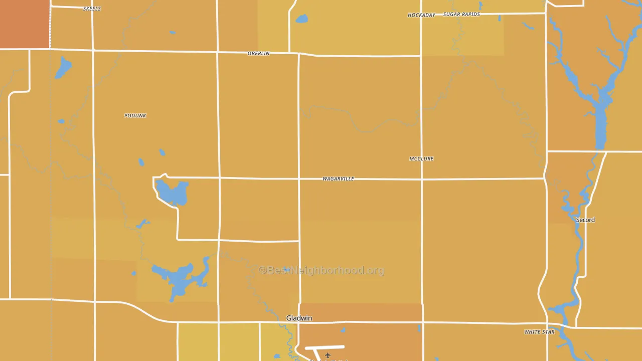 Map of the best neighborhoods in the 48624 area, with better matches in green and worse matches in red