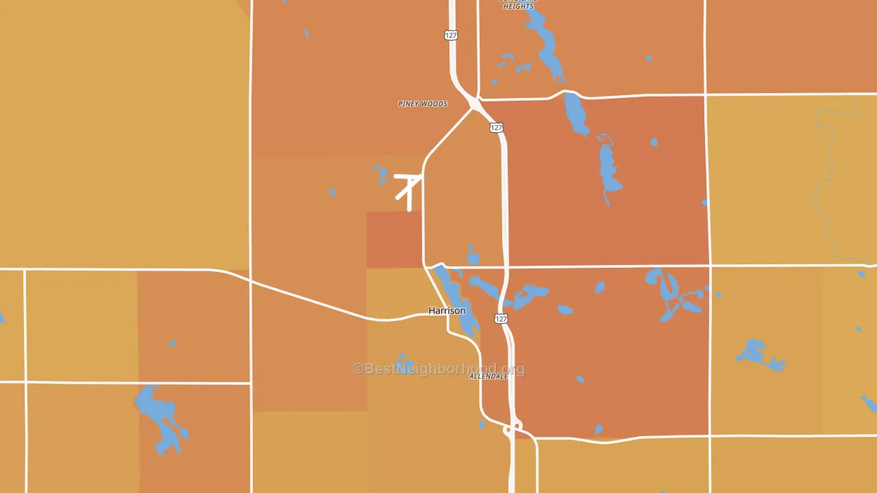 Map of the best neighborhoods in the 48625 area, with better matches in green and worse matches in red