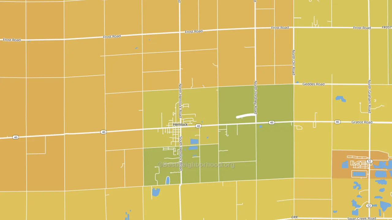 Map of the best neighborhoods in the 48626 area, with better matches in green and worse matches in red