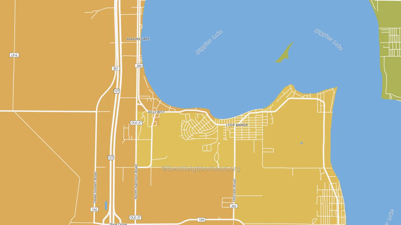 Map of the best neighborhoods in the 48627 area, with better matches in green and worse matches in red