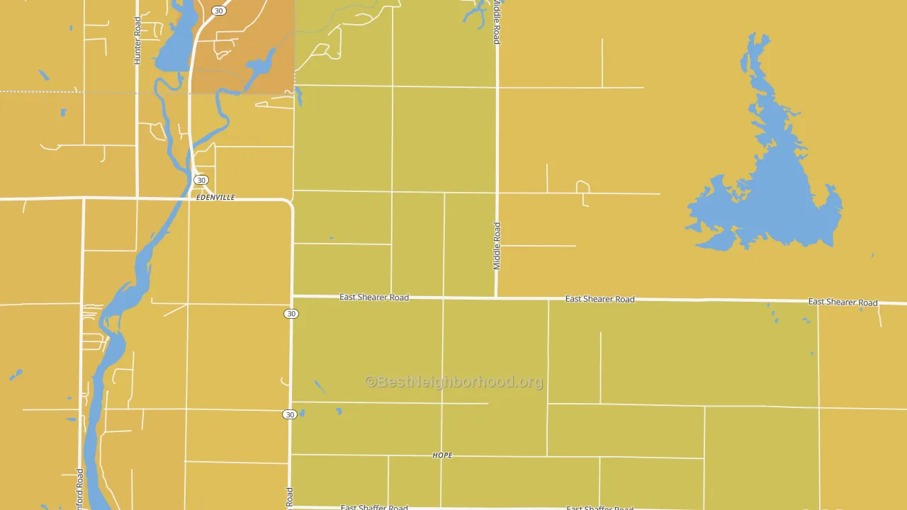 Map of the best neighborhoods in the 48628 area, with better matches in green and worse matches in red