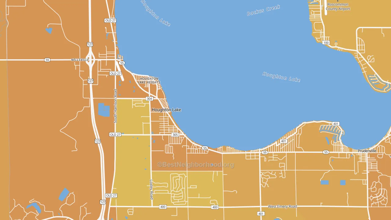 Map of the best neighborhoods in the 48629 area, with better matches in green and worse matches in red