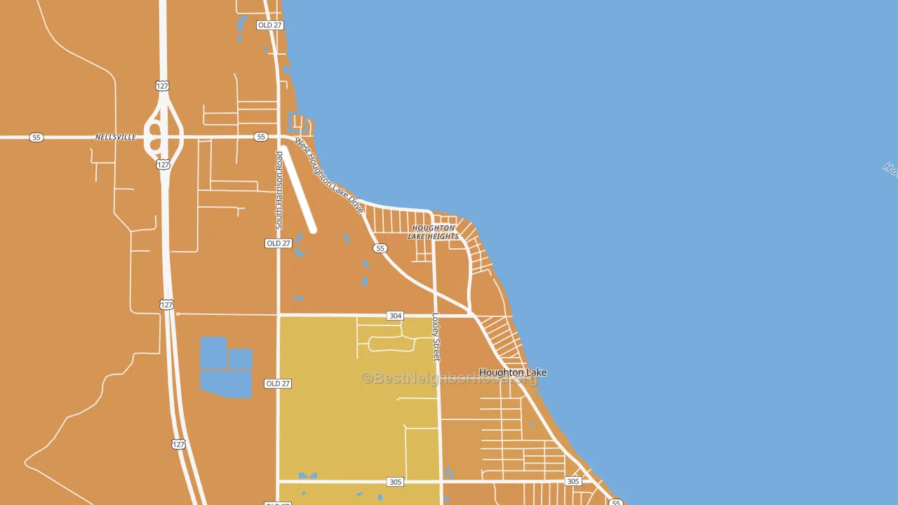 Map of the best neighborhoods in the 48630 area, with better matches in green and worse matches in red