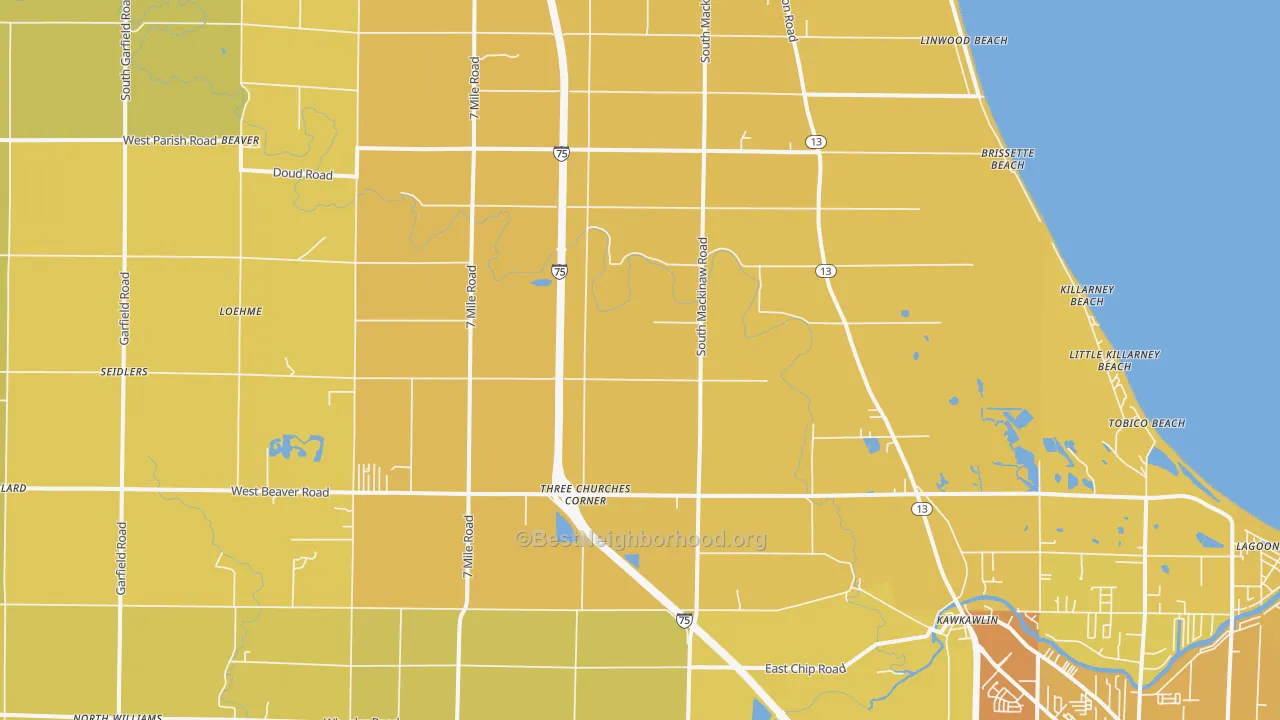 Map of the best neighborhoods in the 48631 area, with better matches in green and worse matches in red