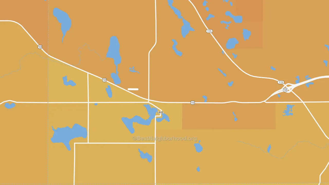 Map of the best neighborhoods in the 48632 area, with better matches in green and worse matches in red