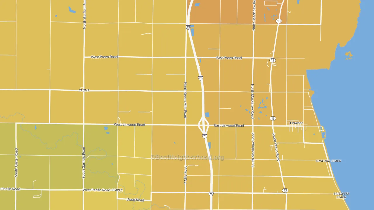 Map of the best neighborhoods in the 48634 area, with better matches in green and worse matches in red