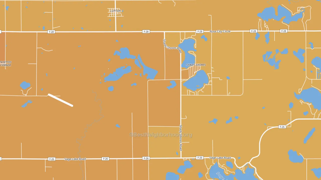 Map of the best neighborhoods in the 48635 area, with better matches in green and worse matches in red