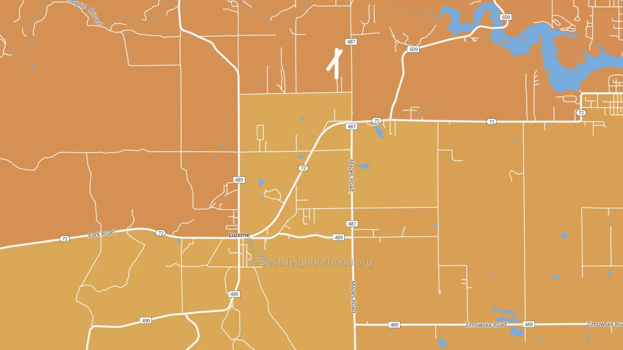 Map of the best neighborhoods in the 48636 area, with better matches in green and worse matches in red